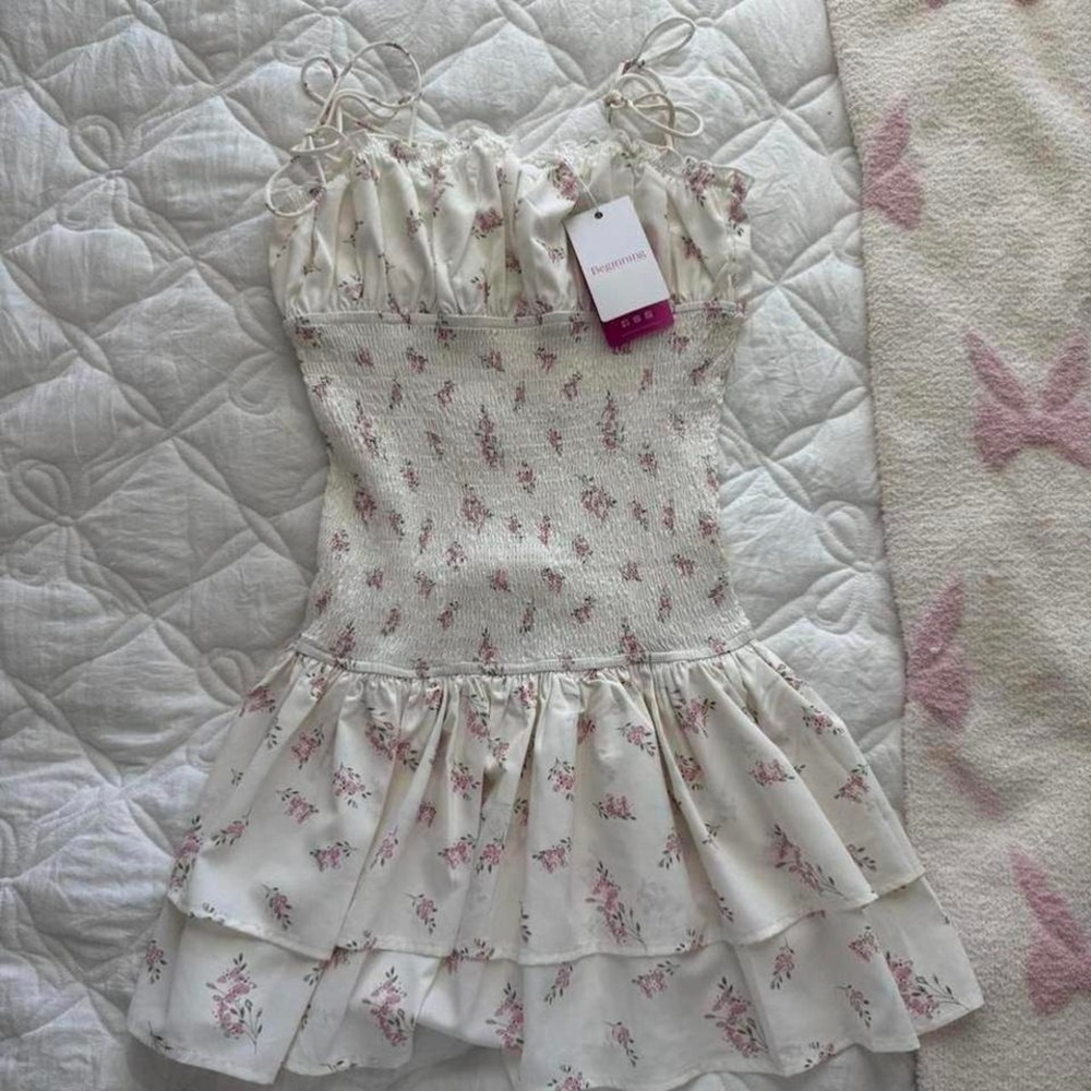 white and pink floral babydoll tie mini ruffle mini dress